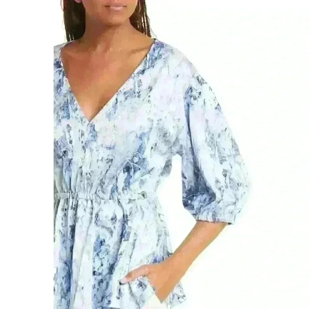 NEW Donna Karan Women's L Print V-Neck Elastic Waist Blouse • Reg Price $295 - Picture 5 of 6